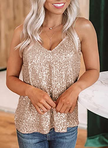 miduo Women's Tank Tops Summer Spring Fashion Sequin V Neck Racerback Tanks Tops Cami Shirts Sleeveless Tops Blouses Going Out Gold M - Image 4