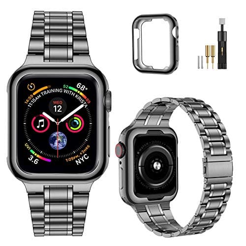 MioHHR Solid Stainless Steel Band Compatible with Apple Watch 44mm 42mm (Series 3/2/1), Metal Strap with Soft TPU Case for iWatch Series 6 5 4 3 2 1 SE SE2 SE3 Women and Men, Space Gray - Image 1