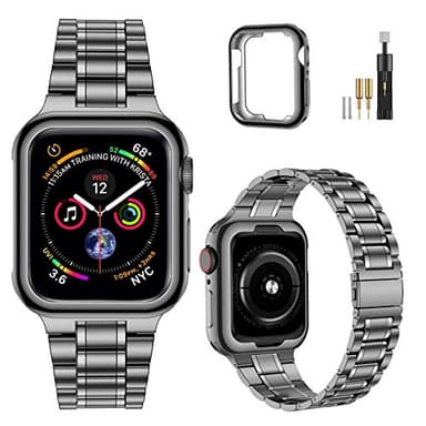 MioHHR Solid Stainless Steel Band Compatible with Apple Watch 44mm 42mm (Series 3/2/1), Metal Strap with Soft TPU Case for iWatch Series 6 5 4 3 2 1 SE SE2 SE3 Women and Men, Space Gray - Image 1