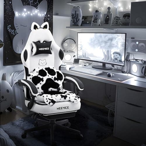 Gaming Chair Cute with Cat Ears Paw Lumbar and Cushion,Ergonomic Computer Chair with Footrest,Reclining PC Game Chair for Girl Computer Chair 300lbs for Adult Black White - Image 1