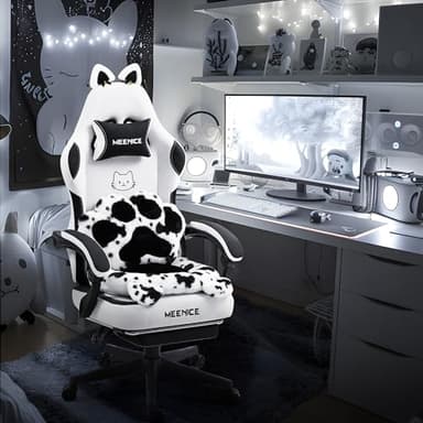 Gaming Chair Cute with Cat Ears Paw Lumbar and Cushion,Ergonomic Computer Chair with Footrest,Reclining PC Game Chair for Girl Computer Chair 300lbs for Adult Black White - Image 1