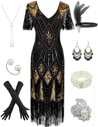 Women's 1920s Gatsby Inspired Sequin Beads Long Fringe Flapper Dress w/Accessories Set - Image 3