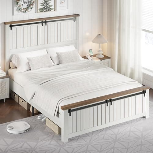 AMERLIFE Farmhouse Full Size Bed Frame with Sliding Barn Door, Wooden Rustic Platform Bed Frame with 47" Tall Headboard, Noise-Free, Solid Wood Slats & Metal Support, No Box Spring Needed, White - Image 1