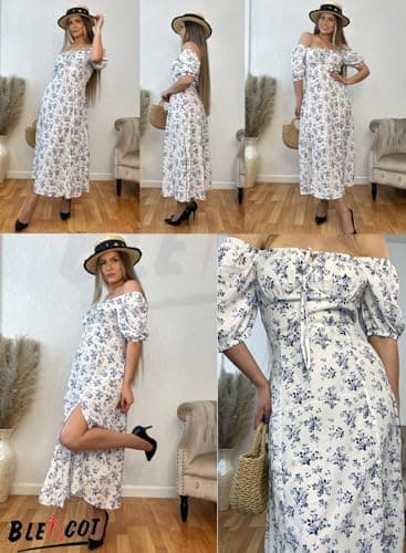 BLENCOT Casual Womens Summer Short Sleeve Square Neck Split Thigh Dress Boho Floral Print Tie Front Ruched Midi Dresses AP120White Large Size - Image 4