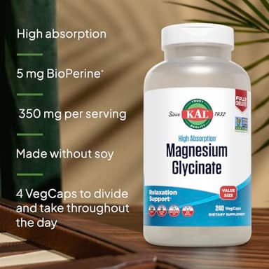 KAL Magnesium Glycinate, New & Improved Fully Chelated High Absorption Formula with BioPerine, Bisglycinate Chelate for Stress, Relaxation, Muscle & Bone Health Support, 60 Servings, 240 VegCaps - Image 4