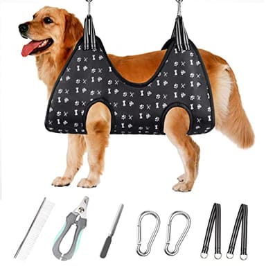 Pet Grooming Hammock Harness with Nail Clippers/Trimmer, Nail File, Comb, Cute Printed Breathable Cats & Dogs Hammock Sling for Grooming (XL, Black) - Image 1