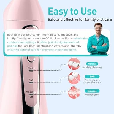 COSLUS Water Dental Flosser Teeth Pick: Portable Cordless Oral Irrigator 300ML Rechargeable Travel Irrigation Cleaner IPX7 Waterproof Electric Flossing Machine for Teeth Cleaning C20(F5020E) Pink - Image 4