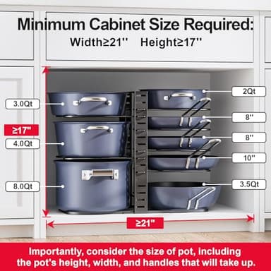 ORDORA Pots and Pans Organizer under Cabinet 14.55 Height, Adjustable 8-Tier Pot Organizers inside Cabinet, Kitchen Organizers and Storage Fit 6-11 inch Lightweight Cookware - Image 3