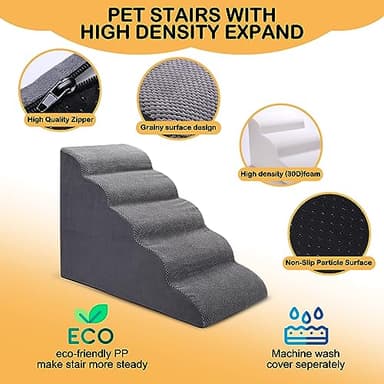 CiWiVOKi Dog Stairs for Bed, 5 Tier Dog Steps for Couch and High Bed, Non-Slip Pet Stairs, 24" High Sofa Foam Ramp - Best for Small Pets, Older Cats with Joint Pain - Image 3