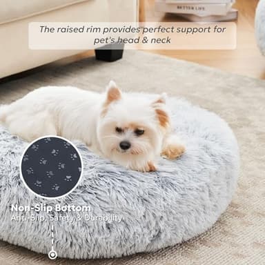 OlaPhum Calming Dog Bed for Small Dogs and Indoor Cats - Washable Puppy Bed, Anti-Anxiety Donut Fluffy Faux Fur Comfort Pet Bed (Light Grey, 20") - Image 2