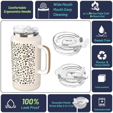 Hydraful 64 oz Tumbler with Handle and Straw - 100% Leak-Proof - Insulated Cup Reusable Stainless Steel Large Water Bottle Travel Mug for Gym, Hiking, and Camping - Gifts for Women Men Him Her - Image 2