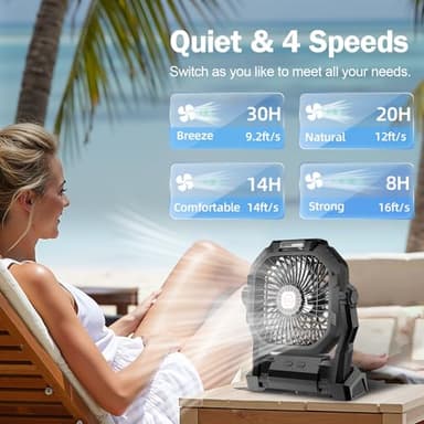 Camping Fan Rechargeable, 20000mAh Battery Powered Portable Fan with LED Light & Hook, 4-Speed 270° Adjustable, Camping Essentials for Tent, Travel, Car, Outdoor, Indoor, BBQ, Fishing, Jobsite - Image 2