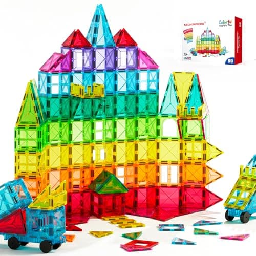NEOFORMERS Magnetic Tiles, 96PCS Magnetic Block Toddler Toys with 2 Cars, 3D Clear Magnet Building Tiles Set, STEM Educational Toys for Kids 3-9 Years - Image 1