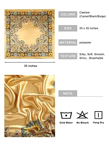 AWAYTR 35” Large Square Satin Head Scarf - 3Pcs Satin Hair Scarves Silk Feeling Bandana Headscarf for Women (Cashew(Camel/Black/Beige)) - Image 2