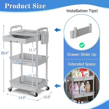 SUNALLY 3 Tier Rolling Cart with Drawer, Bathroom Storage Organizer with 2 Lockable Wheels, Multifunctional Rolling Storage Cart for Bathroom, Kitchen, Office, Craft, Makeup, Baby Essentials, Gray - Image 2