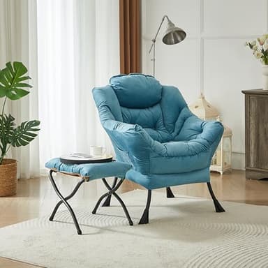HollyHOME Lazy Chair with Foldable Ottoman, Accent Comfy Lounge Armchair and Folding Footrest Stool, Leisure Sofa Reading Chair and Footstool for Living Room, Bedroom, Dorm,Blue - Image 5