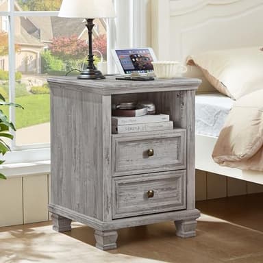 SAVOR LIFE Farmhouse Nightstand Set of 2 with Charging Station, Rustic Grey Nightstand,2 Drawers End Table for Living Room,Bedside Table with Open Shelf for Bed Room,Grey - Image 2