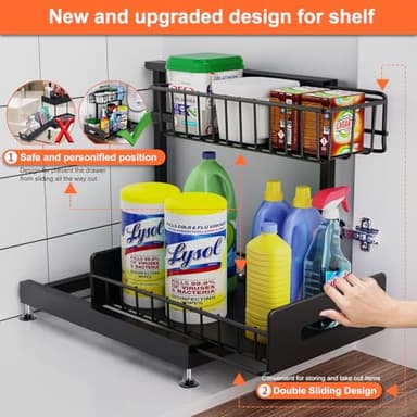 2 Pack Under Sink Organizers and Storage,Pull Out Cabinet Organizer,2-Tier Sliding Out Kitchen Basket Sink Shelf Cabinet Organizers Adjustable L Shape Counter Organizers for Bathroom Kitchen (Black) - Image 2