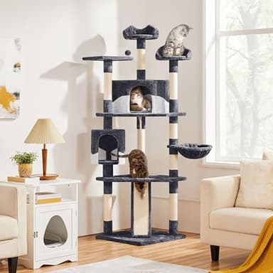 Yaheetech 79in Multi-Level Cat Trees Indoor Cat Tower with Sisal-Covered Scratching Posts, Plush Perches and Condo for Kittens, Cats and Pets - Dark Gray and White - Image 9
