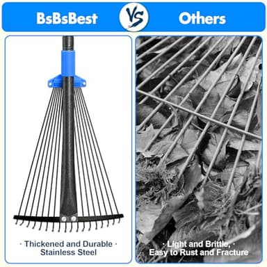 BsBsBest 61" Rake for Leaves with 18 Metal Tines 10-18" Expandable Head Rakes Adjustable Handle for Lawn Leaf Rake Yard Tools for Collecting Leaves, Grass Clippings, Garbage Blue - Image 2