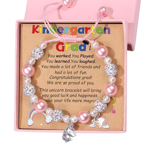 Trabuono 2025 Kindergarten Graduation Gifts for Girls, Preschool Graduation Gifts for Her Daughter Granddaughter Niece Big Sister Pink Unicorn Charm Bracelet for Girls with Grad Card Present Boxed - Image 1