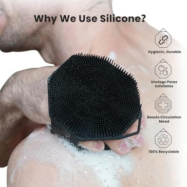 iTokGoK® Premium Silver-Infused Dual-Sided Design 2-in-1 Silicone Body Scrubber for Shower,Body Brush Buffer Scrubber for Men and Women for All Skin, Ergonomic No-Slip Handle, Easy to Clean - Black - Image 3