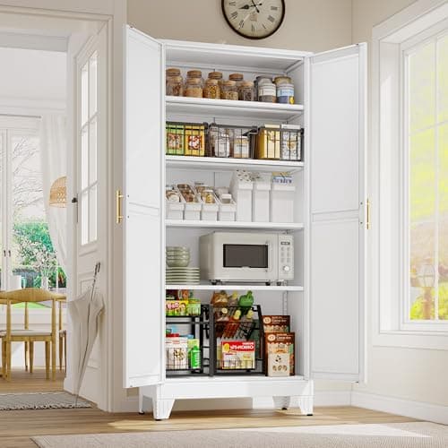 GAIOUS 71" Tall Metal Storage Cabinet with 2 Doors and 4 Adjustable Shelves, Kitchen Pantry Cabinet White Freestanding Cupboard, 5 Tier Multifunctional Steel Storage for Office, Kitchen, Dining Room - Image 1