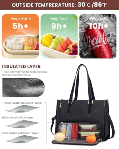 LOVEVOOK Lunch Tote Bag for Women, 15.6 Inch Laptop Bag with Insulated Lunch Compartment, Quilted Large Capacity Computer Handbag with Purse for Business, Work, Collage, Office, Casual, Jet Black - Image 2