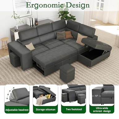 THSUPER 104'' Microfiber L Shaped Sectional Sleeper Sofa Couch with Pull Out Bed and Storage Ottoman, Convertible Couches with Adjustable Headrest for Living Room, Right Facing Chaise. Charcoal Grey - Image 4