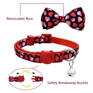 2 Pack Valentine Kitty Kitten Collar with Bow Tie, Holiday Heart Collar with Bell for Boys and Girls Male Female Cats (Pattern 1) - Image 2