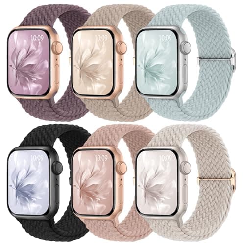 6 Pack Braided Stretchy Bands Compatible with Apple Watch Band 38mm 40mm 41mm 42mm 44mm 45mm 46mm 49mm Women Men, Adjustable Nylon Solo Loop Elastic Straps for iWatch Series 11 10 9 8 7 6 5 4 SE Ultra - Image 1