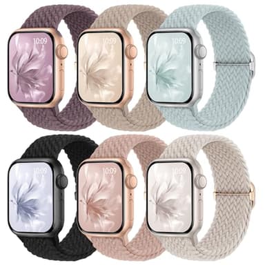 6 Pack Braided Stretchy Bands Compatible with Apple Watch Band 38mm 40mm 41mm 42mm 44mm 45mm 46mm 49mm Women Men, Adjustable Nylon Solo Loop Elastic Straps for iWatch Series 11 10 9 8 7 6 5 4 SE Ultra - Image 1