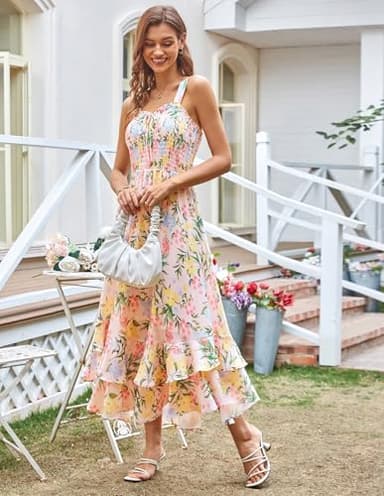 GRACE KARIN Women's 2025 Summer Floral Boho Dress Square Neck Strapped Swing A Line Sundress Beach Long Maxi OutfitsBlue Yellow XL - Image 8