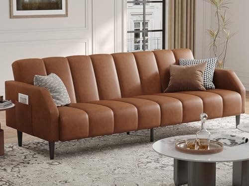 Fadware Faux Leather Couch, Convertible Futon Sofa Bed with Adjustable Backrest, Mid Century Leather Sofa Loveseat with Side Pockets& Metal Leg, Modern Leather Sleeper Sofa for Living Room Bedroom - Image 1