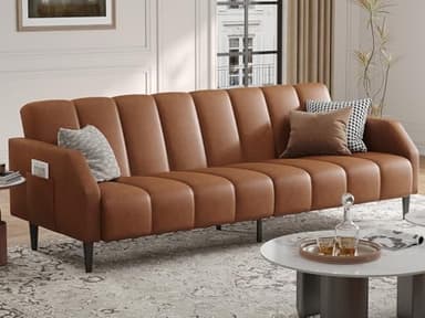 Fadware Faux Leather Couch, Convertible Futon Sofa Bed with Adjustable Backrest, Mid Century Leather Sofa Loveseat with Side Pockets& Metal Leg, Modern Leather Sleeper Sofa for Living Room Bedroom - Image 1