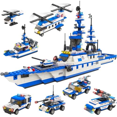 WishaLife 1169 Pieces City Police Station Building Kit, 6 in 1 Military Battleship Building Toy, with Police Cars, Boat, Airplane, Best STEM Construction Toy Gift for Boys and Girls 6-12 - Image 1