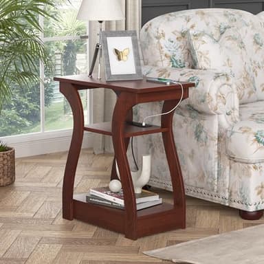 FROMJBEST End Tables Living Room Set of 2,Cherry End Table with Charging Station,Side Table, Nightstand for Bedroom, 3 Tier End Table with Storage Shelf for Living Room(Cherry) - Image 6