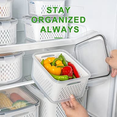 5 PCS Large Fruit Containers for Fridge - Leakproof Food Storage Containers with Removable Colander - Dishwasher & microwave safe Produce Containers Keep Fruits, Vegetables, Berry, Meat Fresh longer - Image 5