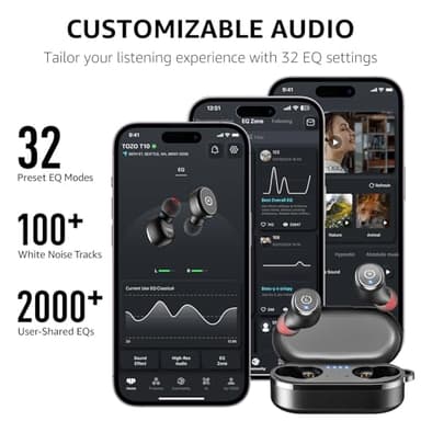 TOZO T10 Wireless Earbuds Bluetooth 5.3 Headphones, App Customize EQ, Ergonomic Design, 55H Playtime, Wireless Charging Case, IPX8 Waterproof Sound in-Ear Headset, 2025 New Version - Image 6