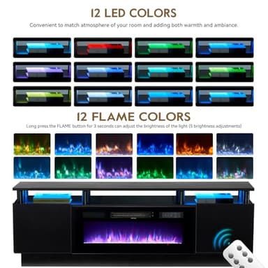 OneBlis 70" TV Stand for Living Room, Modern Entertainment Center & Media Console, Fits TVs up to 80", Storage Cabinet with Shelves, 36" Electric Fireplace with LED Flame (All Black) - Image 4