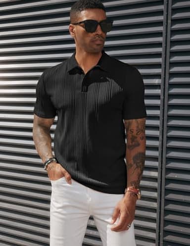 PJ PAUL JONES Mens Short Sleeve Polo Shirts Lightweight Textured Polo Shirts for Summer Black - Image 2