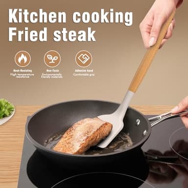 Silicone Cooking Utensils Set - Silicone Kitchen Utensils for Cooking Wooden Handles, 446°F Heat Resistant Kitchen Utensil Spatula Sets w Holder, Gadgets for Non-Stick Cookware BPA FREE (Khaki) - Image 2