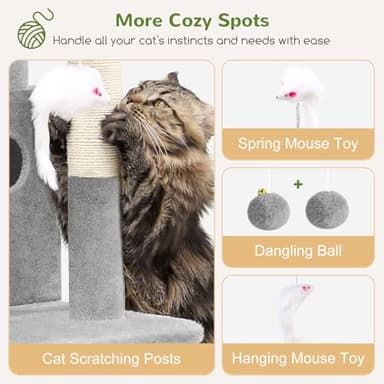 Globlazer Cat Tree Tower for Indoor Cats, 50-inch Adult Cat Tree House for Large Adult Cats with Steps, Scratching Post, 2 Cat Caves, Dangling Toys, FC50, Light Grey - Image 5