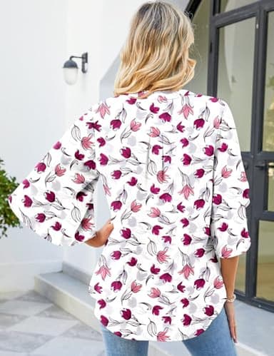 LUYAA Women's Chiffon Blouse Shirts Ruffled Sleeve Sexy V-Neck Summer Loose Elegant Tops (White/Pink Floral M) - Image 4