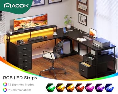 AODK 66" L Shaped Computer Desk, 113“ Reversible Home Office Desk with File Cabinet & 4 Fabric Drawers, Two Person Desk with LED Lights & Power Outlet, Corner Gaming Desk with Monitor Shelf, Black - Image 6
