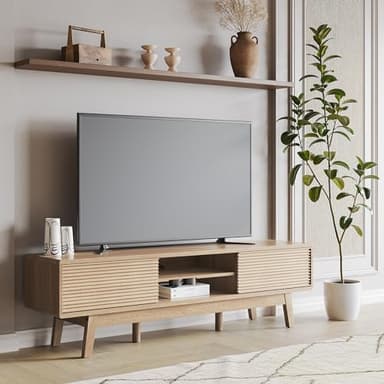 TOLEAD 59" TV Console, Mid Century Modern Media Console for 55/60/65 Inch TV, Low Profile TV Stand with Fluted Sliding Doors, Boho Light Wood Credenza for Living Room, Oak - Image 6