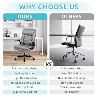 BestEra Office Chair, Executive Leather Chair Home Office Desk Chairs, Ergonomic Computer Desk Chair with Adjustable Flip-Up Arms, Lumber Support Swivel Task Chair with Rocking Function (Gray) - Image 8