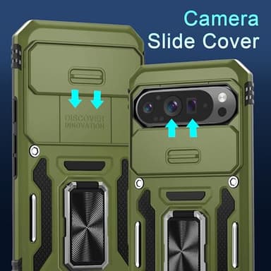 DEERLAMN Case for Google Pixel 9 Pro XL with Slide Camera Cover+Screen Protector(1 Pack), Rotated Ring Kickstand Military Grade Shockproof Protective Cover-Olive Green - Image 2