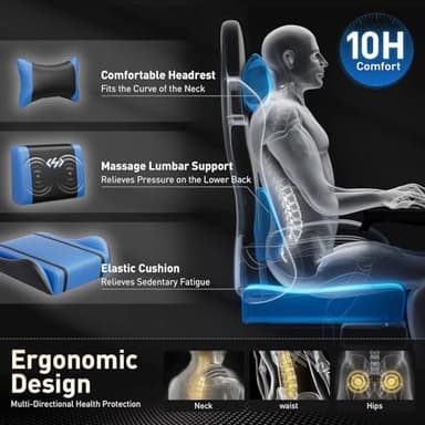 HLDIRECT Gaming Chair, Ergonomic Video Game Seat with 360° Swivel & Lumbar Massage, Computer Chair PU Leather Cushion for Adults Home/Office Use (Black & Blue) - Image 4