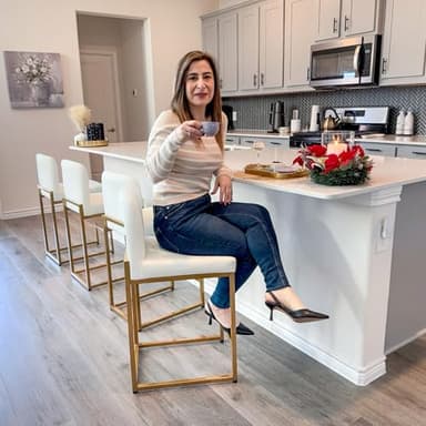 ALPHA HOME 24” Bar Stools Set of 4 Counter Height Bar Stool Pu Leather Kitchen Modern Bar Stools with Backrest Upholstered Footrest Sturdy Chromed Metal Steel Frame, Off-White - Image 3